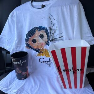 Coraline 15th Anniversary 3D Holographic 32oz Cup Popcorn Bucket T Shirt Bundle